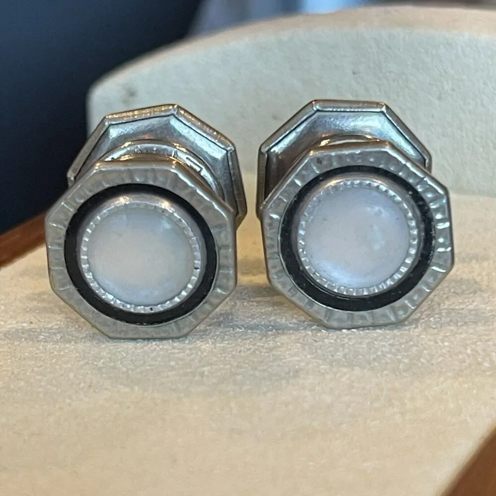 Art Deco Black Silver Tone ‘Snap Link’ Cufflinks MOP Pearl Shell Two Sided Retro